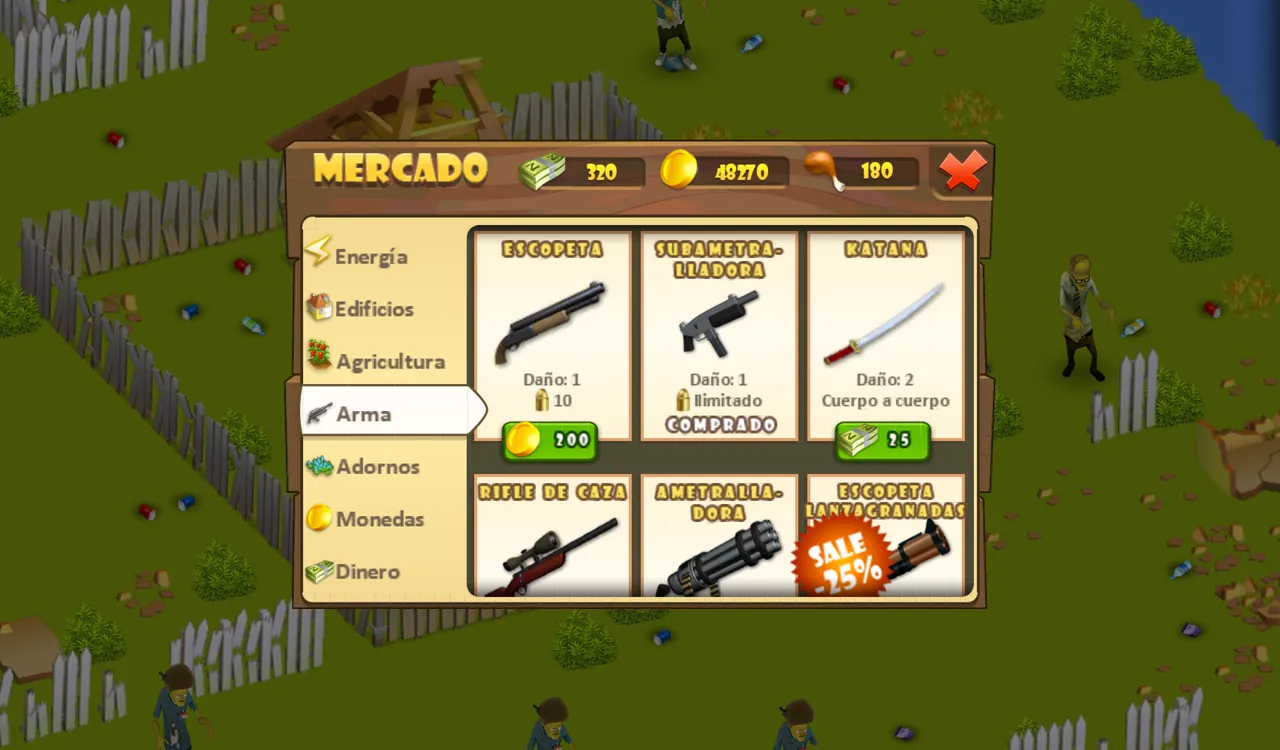 Armas del mercado con su daño y su coste